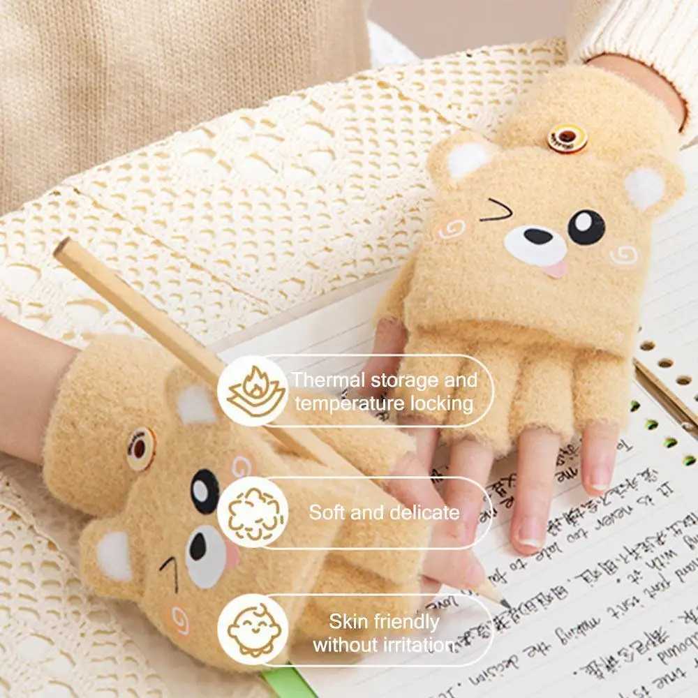 Cybara Kids Winter Gs Mink Thick Student Half Finger Collar Gs Cartoon Boys and Girls Warm Knitted Gloves W241026