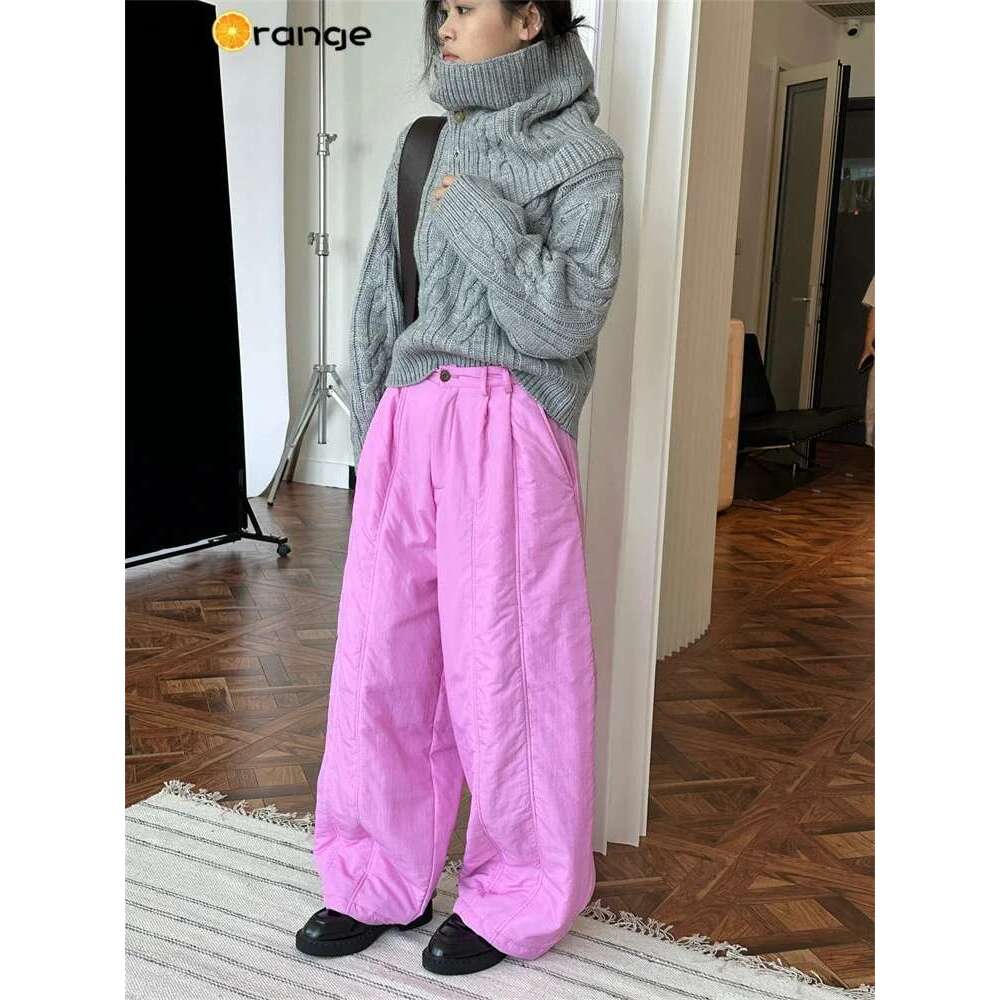 Hanorange 2024 Autumn Winter Simple Cotton Padded Pleated Pants Women Fluffy Silhouette Warm Nylon Trousers White/Pink
