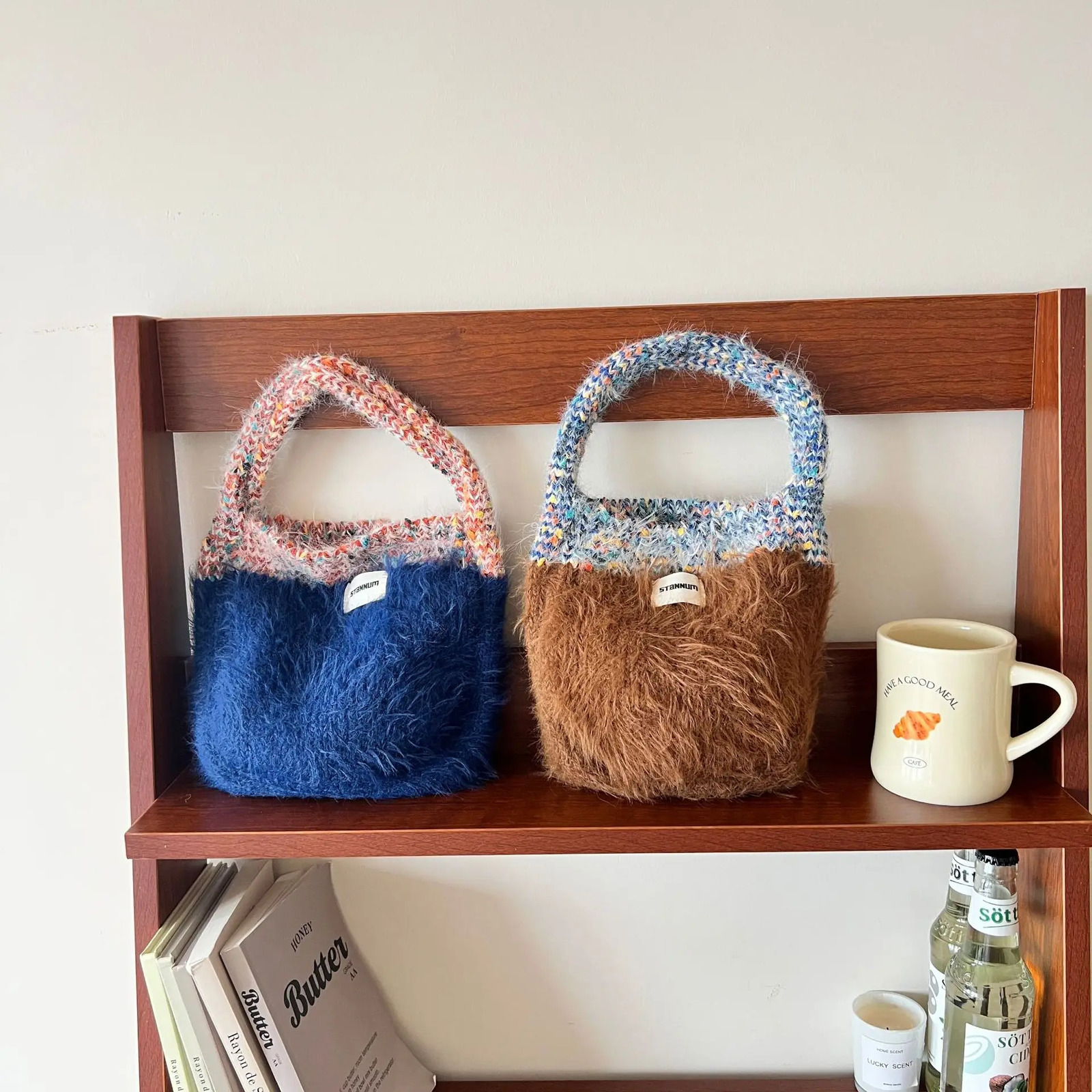 Cute Korean Knitted Handmade Shopping Bag for Women Retro Cotton Knitted Handbag Shopping Bag Large Womens Handbag Crochet Hook Bag 241025