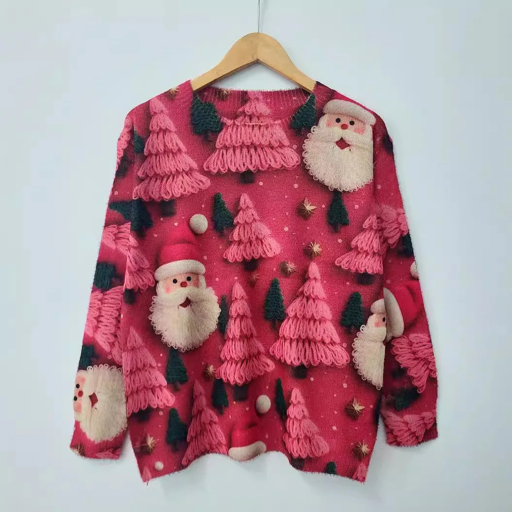 Autumn/Winter Fashionable Cute Christmas Full Print Round Neck Mink Print Sweater 241025