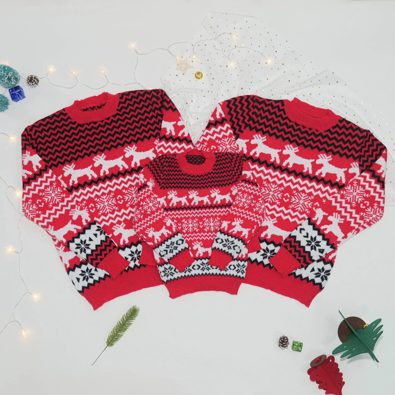 2024 Christma Men Kids Matching Outfits Knit Sweater Jacquard Jumper Long Sleeve Pullover Female Warm Thick Top Xmas Look 241025