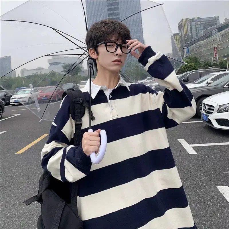 T Shirts for Men Stripe Original Y2k Normal Full Sleeve Long Polo Tops Korean Sale Emo Sweatshirts Male Clothes 241025