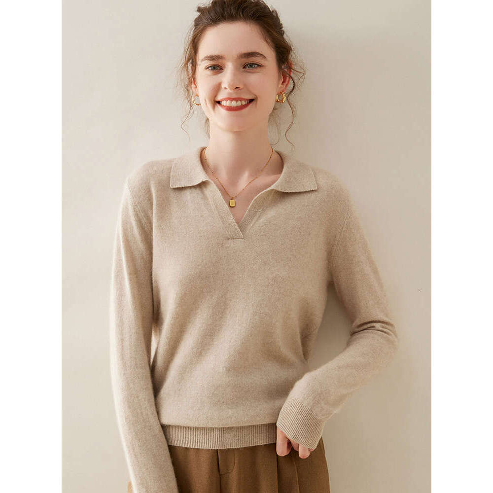 New Fashion Women's POLO V-Neck Pullover Autumn Winter 100% Cashmere Knitwear Soft Warm Solid Sweater Shirt