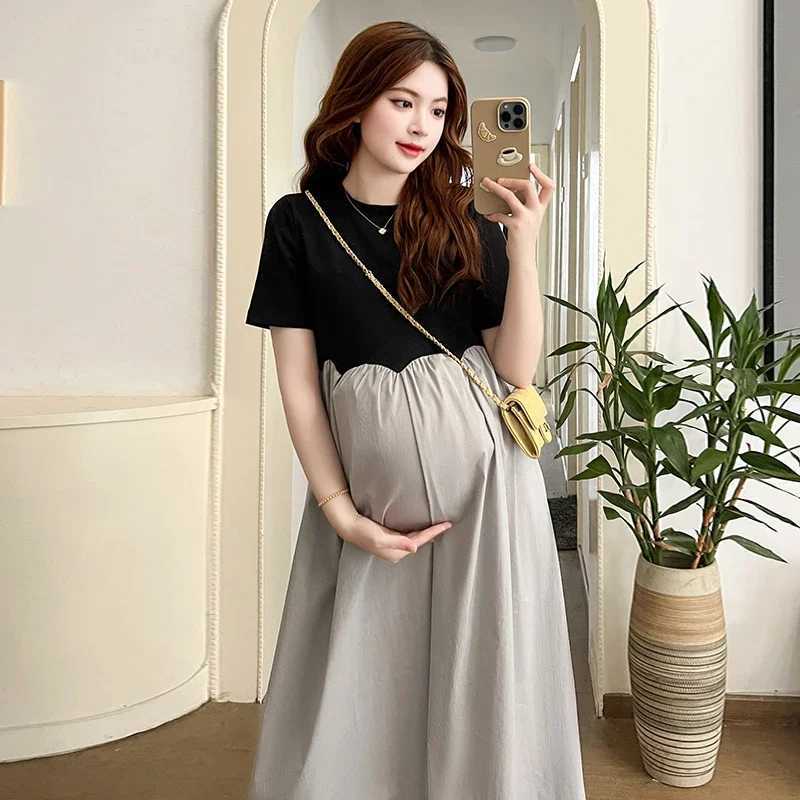French style pregnant womens elegant dress plus size long sleeved O-neck high waisted pregnant womens A-Line dress loose dress W241026