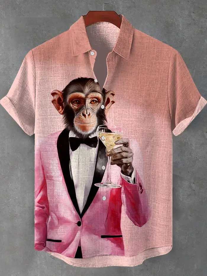 Interesting Monkey 3D Printed Beach Shirt Casual Haian Beach Shirt Hip Hop Mens Short Sleve Cute Animal Womens Shirt Button Top W241026