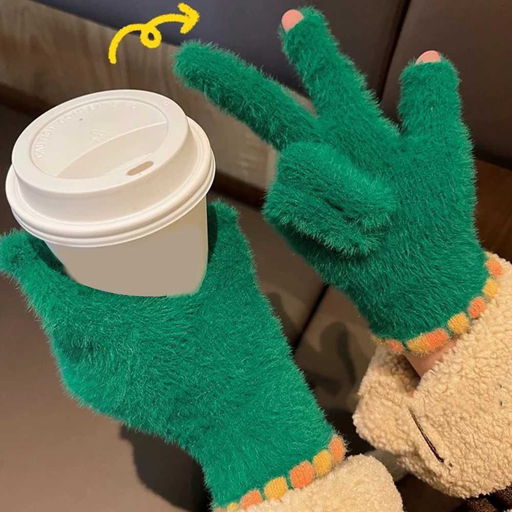 Korean style mink wool womens Gs touch screen five finger Gs outdoor bike winter Gs plush warm gloves 2024 W241026