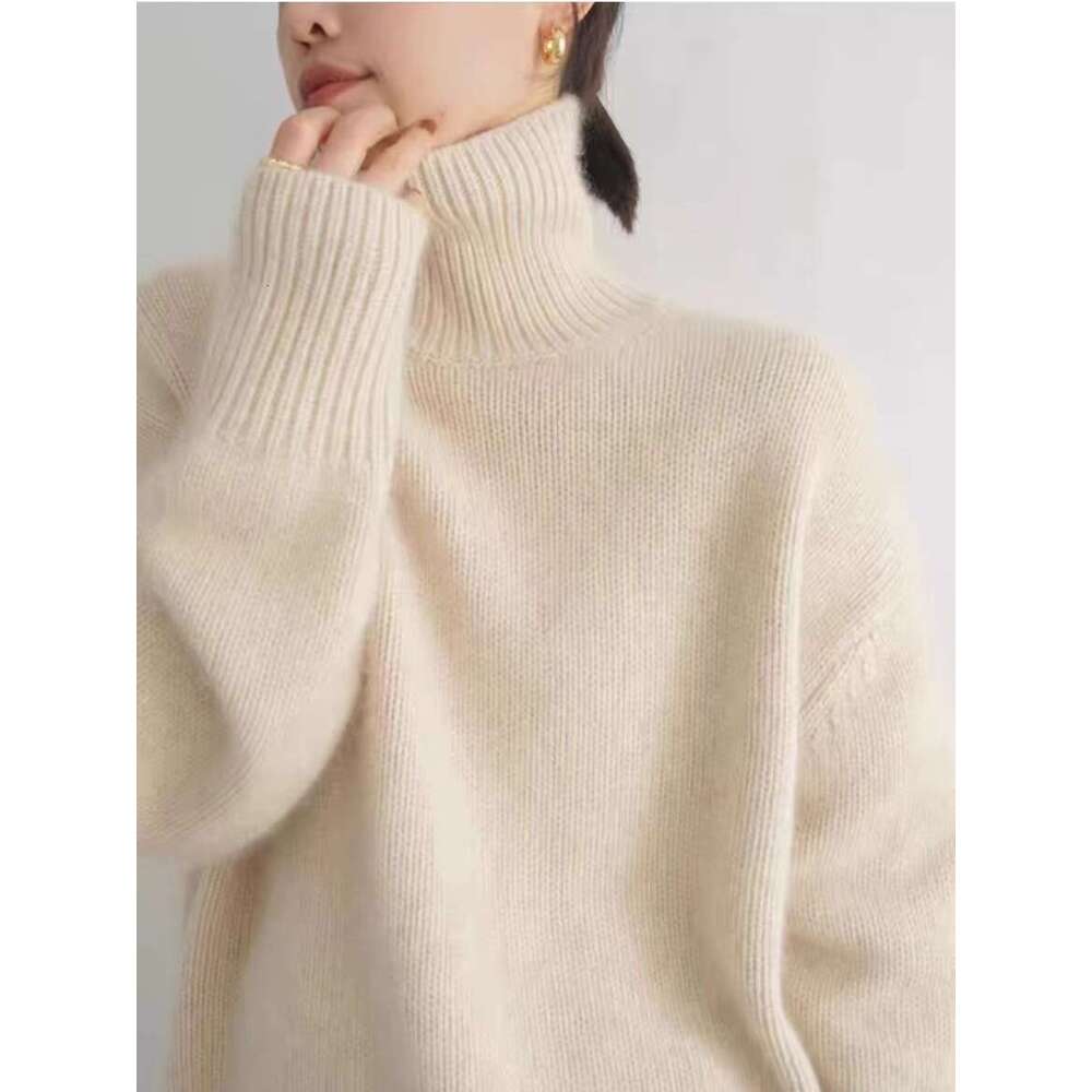 Autumn Winter New High Collar 100% Pure Cashmere Thick Knit Pullover Sweater Women Loose Languid Breeze