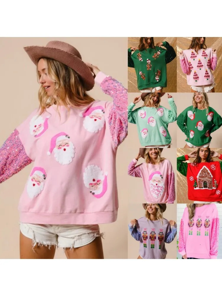 Glitter Patchwork Hoodies Vintage Tshirt Harajuku Slim Long Sleeve Streetwear Women Clothes Christmas Tee Top Autumn Winter 241025