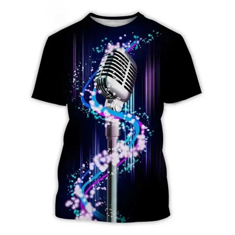 New Summer Microphone Pattern 3D Printed T-shirt Personalized Fashion Mens Round Neck Top Hip Hop Short Sleeve Clothing W241026