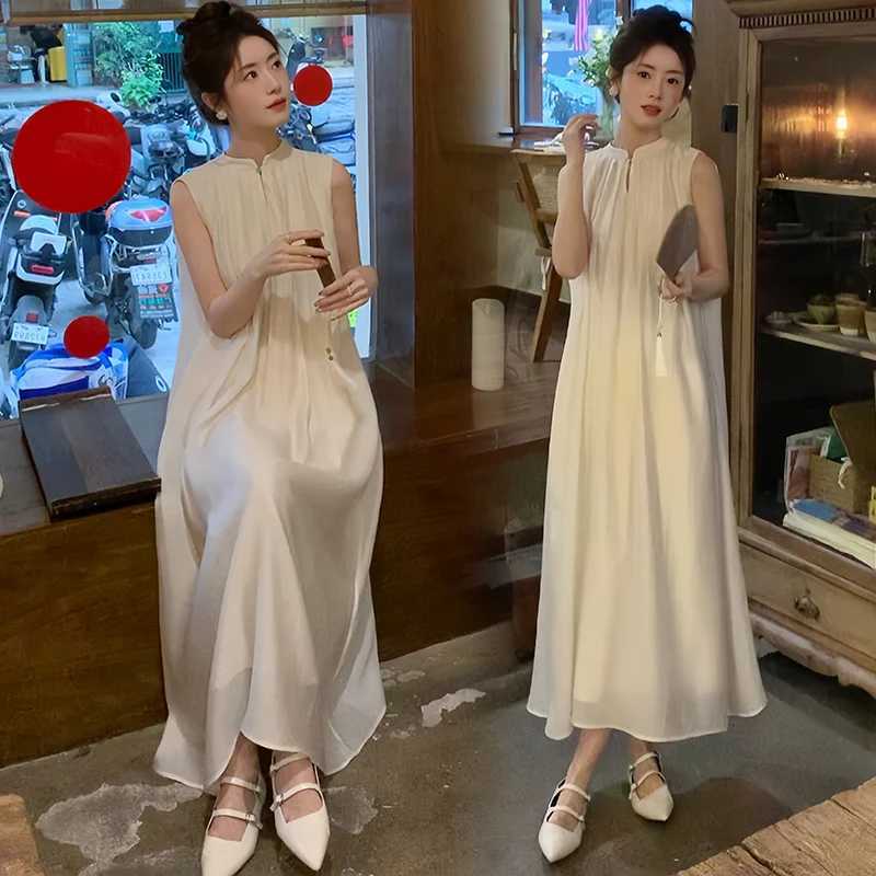 Summer 2024 maternity dress sleeveless Chinese style elegant pleated long dress loose maternity party dress bow W241026