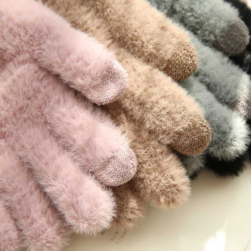 Knitted Gs Winter Warm Thick Screen Fur Gs Solid Gloves Phone Tablet Pad Womens Cashmere Wool G W241026