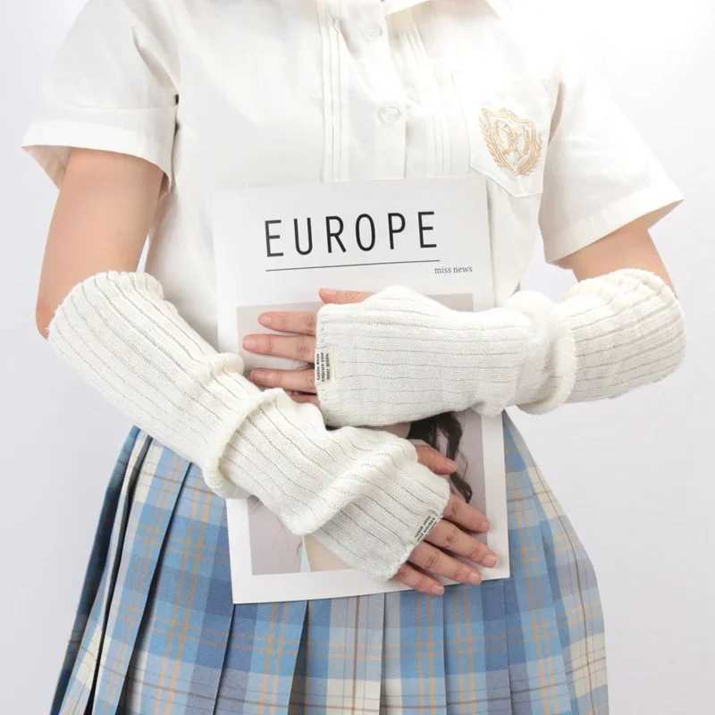 Womens Y2K Fashion Finger Gloves White Black Cosplay Anime Gs Winter Arm Warmth Gothic Harajuku Knitted Gloves Arm Sleeves W241026