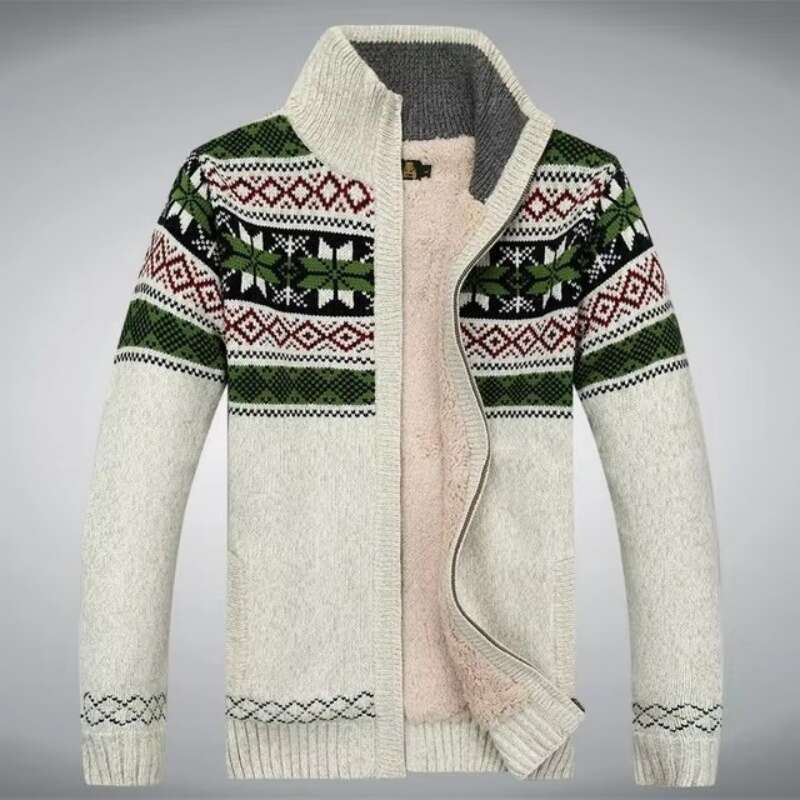 Men Winter Thicken Fleece Cardigan Cotton Knitted Jacquard White Men's Sweater Size S -3Xl Knit Coat