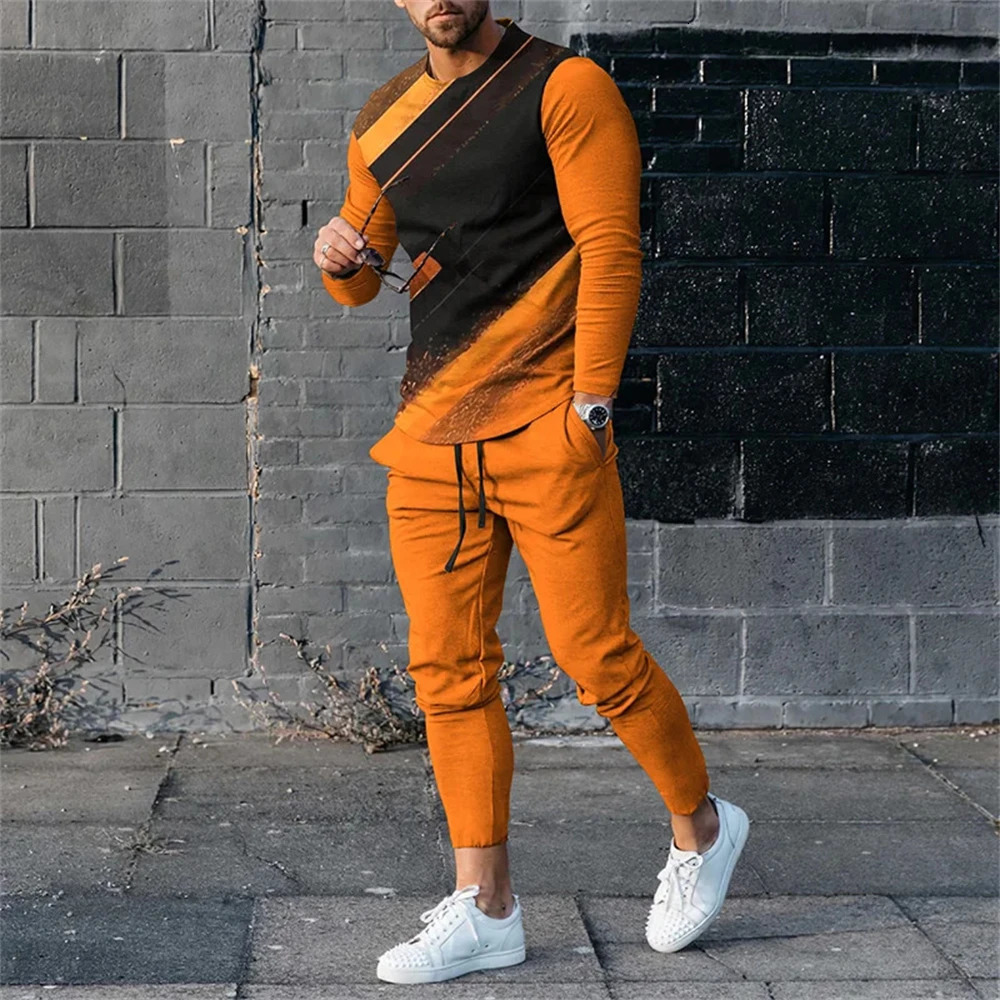 Dark Green Stripes Y2K Men Spring AutumnRound Neck Tracksuit Casual Long Sleeve TShirtPants Suit 2Pcs Set Man Clothes 241025