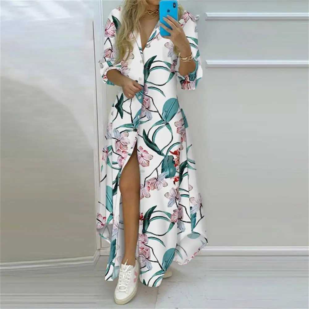 2022 new womens striped printed long sleeved dress fashionable bohemian beach button up maxi dress spring and summer womens letter oversized robe W241