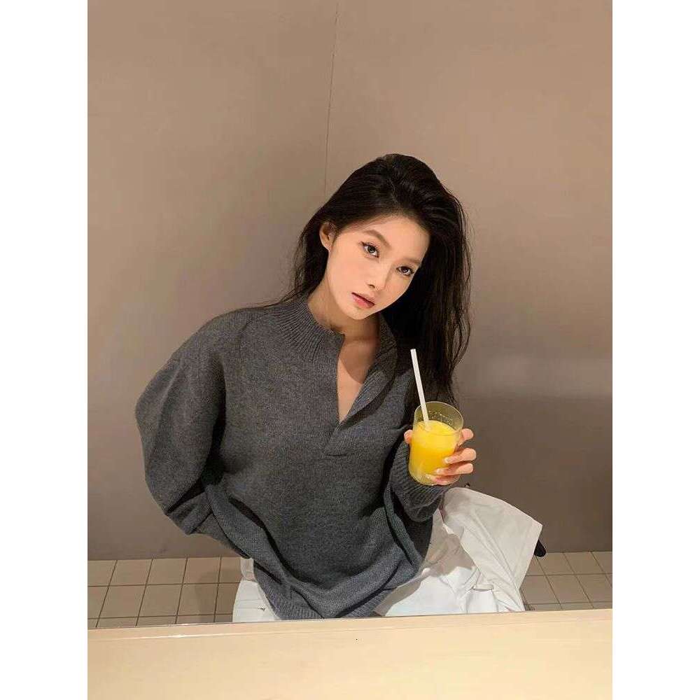 Fall 2024 New Gray Pullover 100% Cashmere Top Loose Long Sleeve Sweater Women