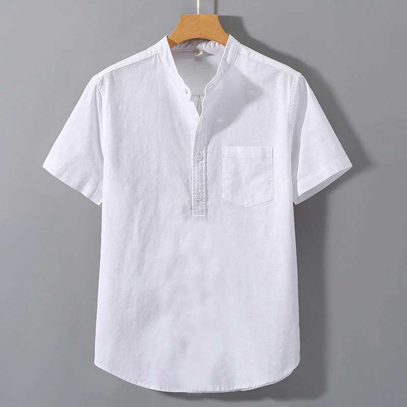 Summer stand up collar solid color short sleeved Slve cotton shirt fashionable breathable loose youth basic pocket top W241026