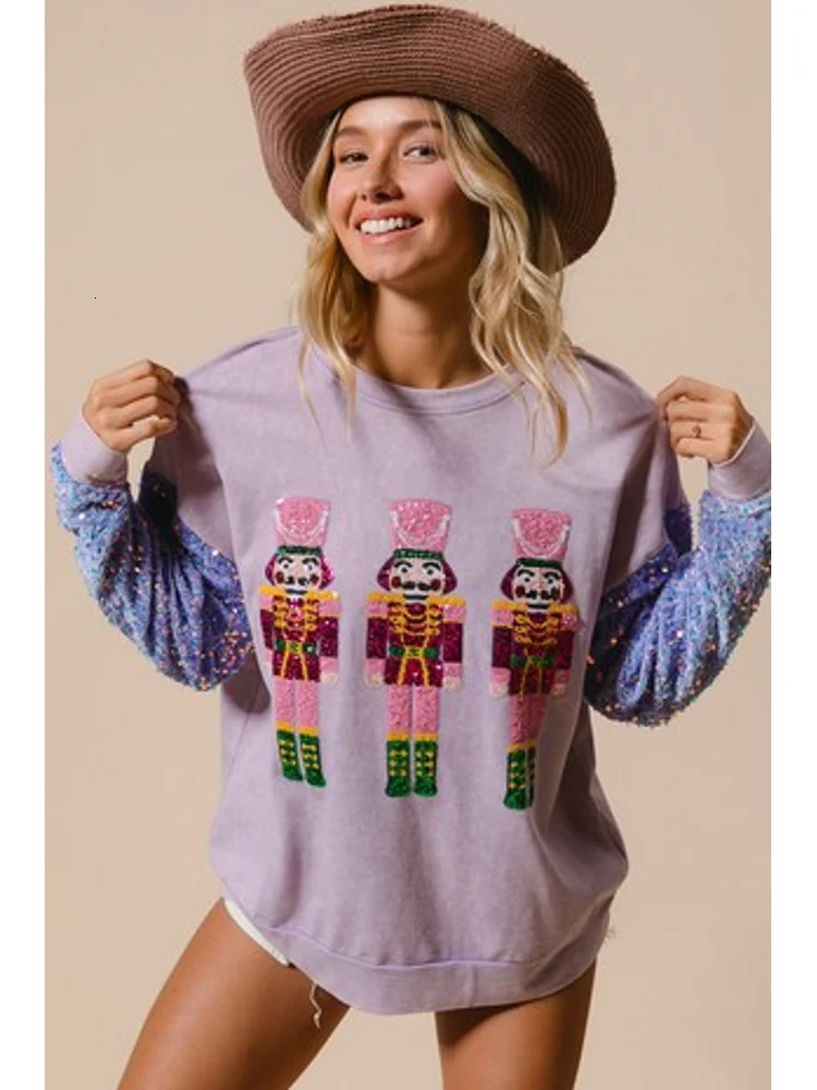 Glitter Patchwork Hoodies Vintage Tshirt Harajuku Slim Long Sleeve Streetwear Women Clothes Christmas Tee Top Autumn Winter 241025