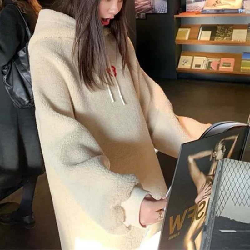 New Korean loose thick imitation fur one-piece long knee hooded cashmere sweater for pregnant women maternity dress W241026