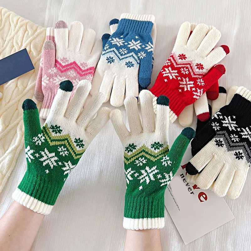 New Womens Knitted Gs Christmas Snowflake Printed Wool Gs Winter Warm Knitted Neutral Riding Work Gloves W241026