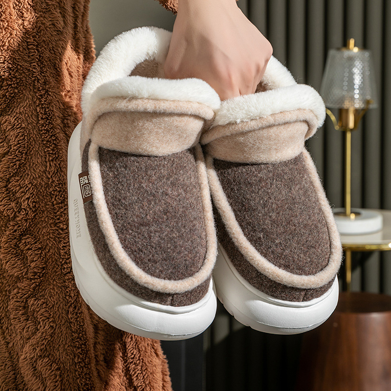 2024 new color blocked all inclusive heel shoes for women, autumn winter, couple's indoor home, thick soled and plush warm cotton slippers 69fc