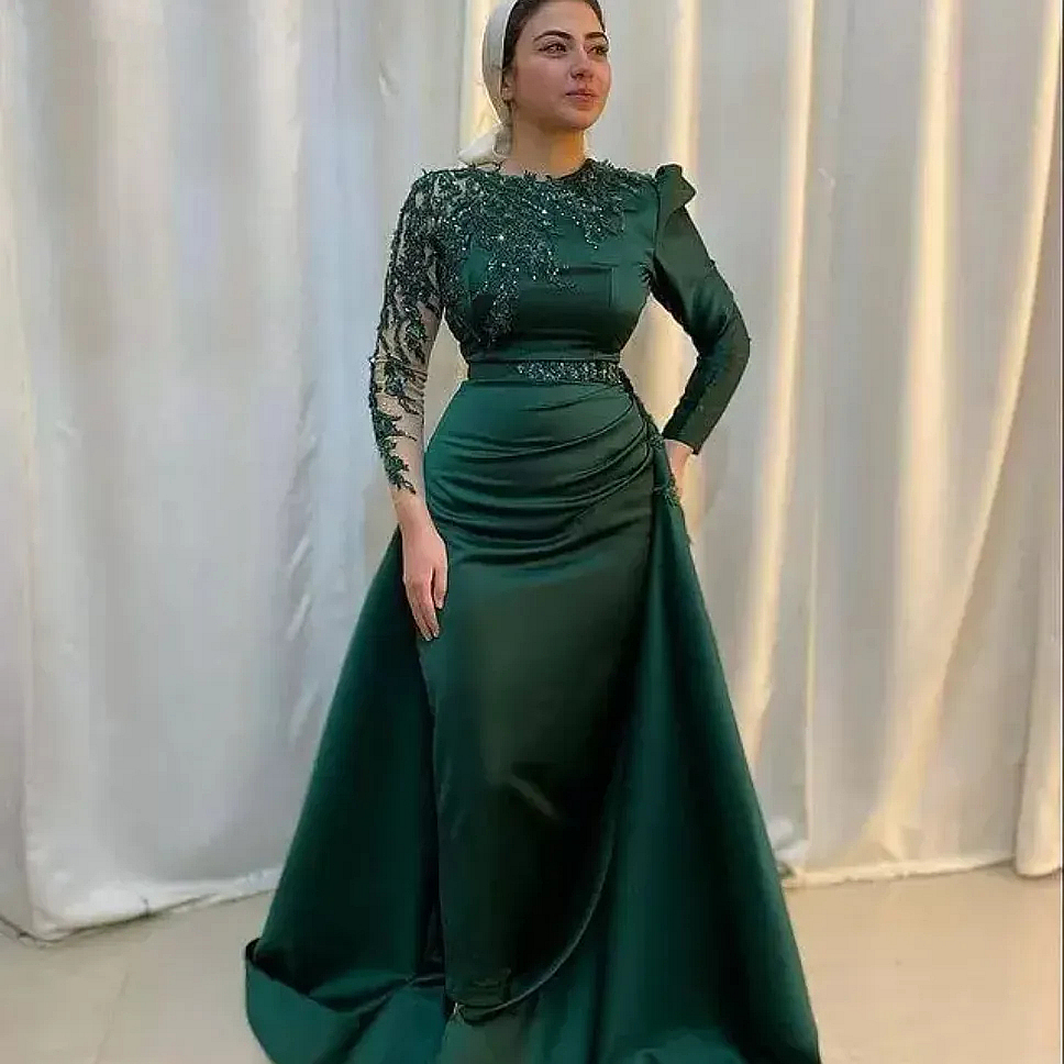 Elegant Arabic Islamic Evening Dresses Beaded Lace Long Sleeves Sheath Ankle Length Prom Dress With Detachable Skirt Hunter Green Muslim Satin Formal 