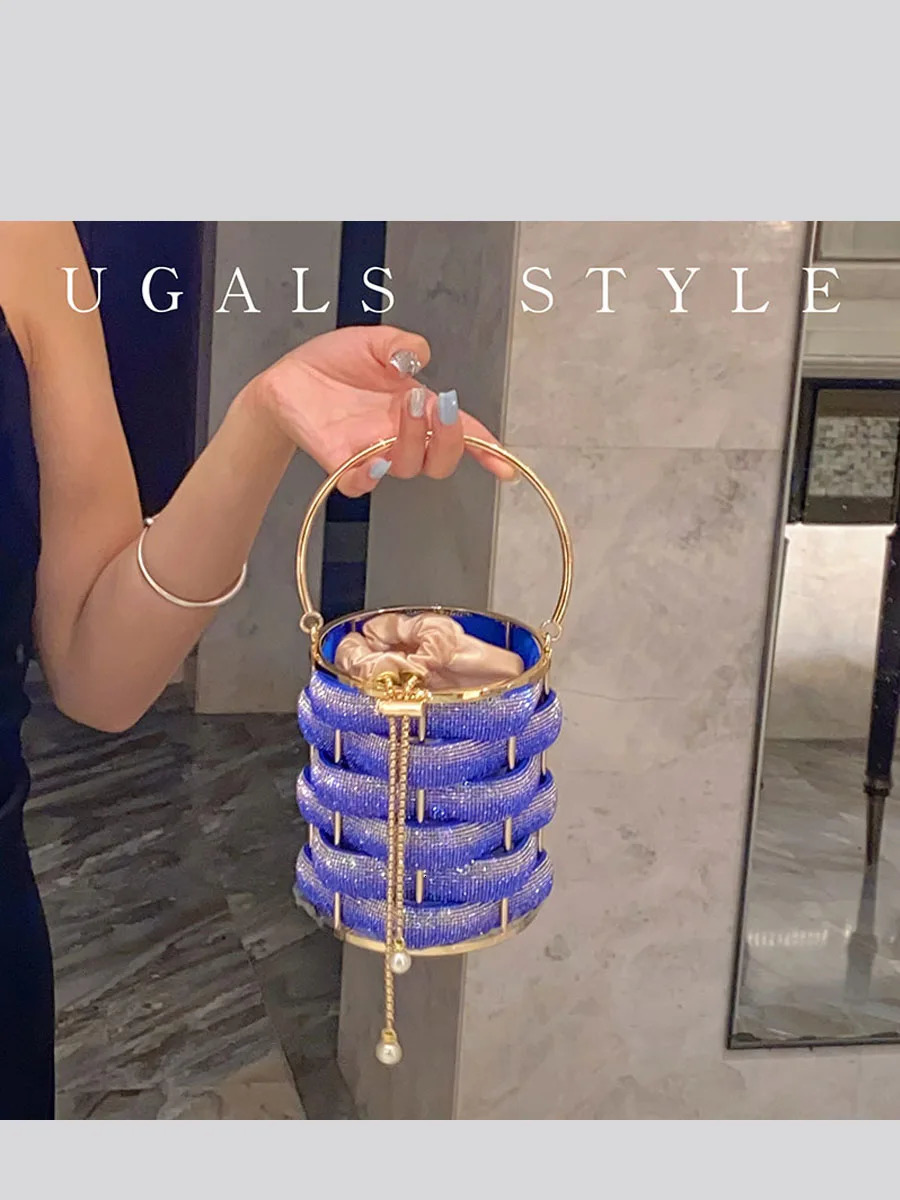 Womens rhinestone bucket bag womens clutch bag womens boutique multi-color crystal hollow metal wallet and handbag wedding 241025