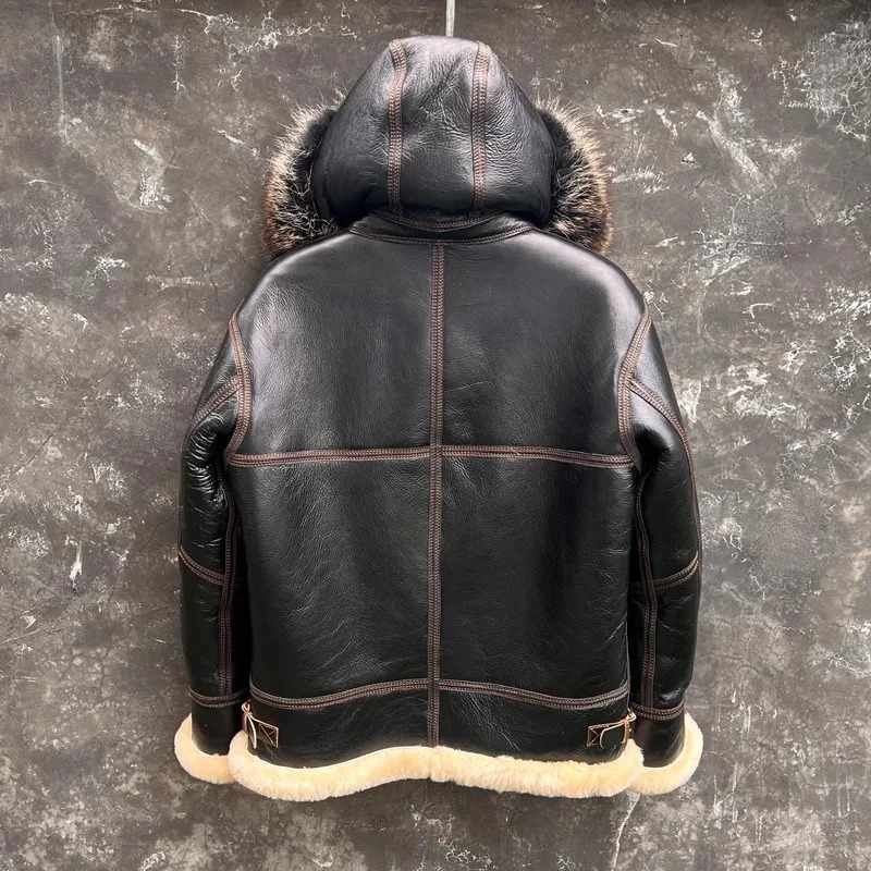 CC Shop Mens High quality 100% real fur jacketClassic B3 winter warm thick leather coatnarural sheepskin with woolThick 241025