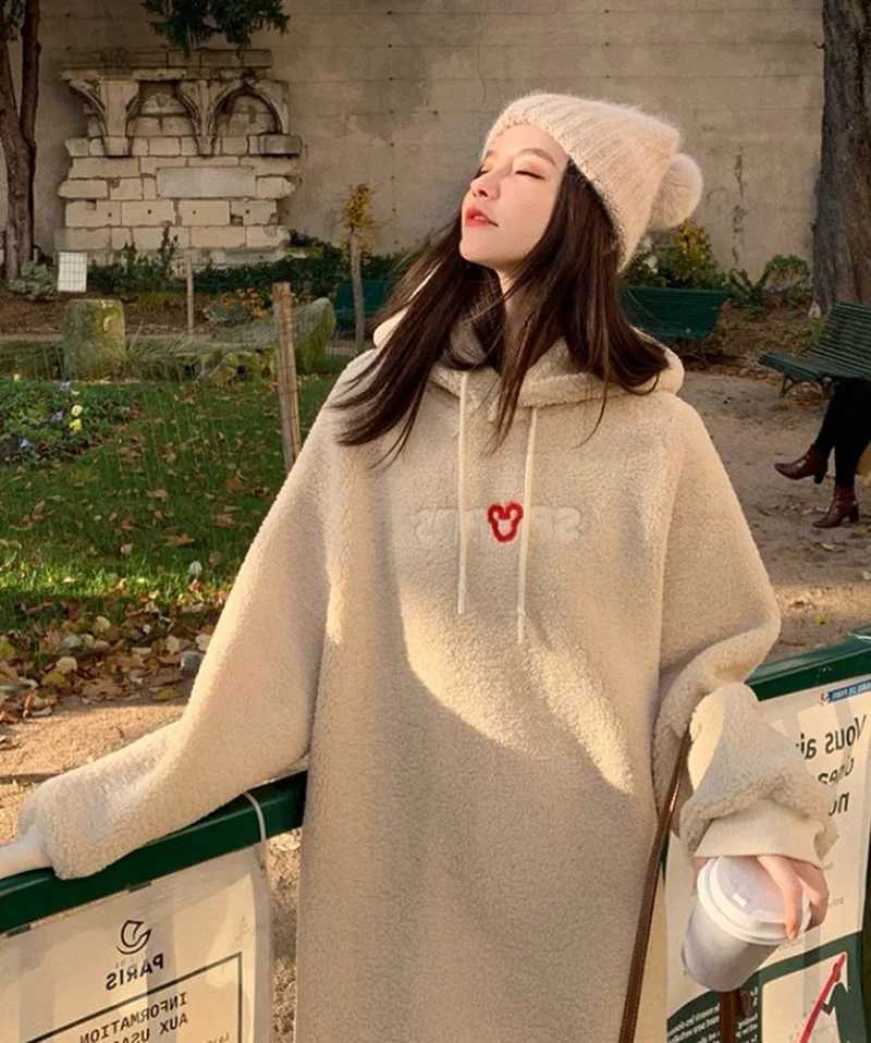 New Korean loose thick imitation fur one-piece long knee hooded cashmere sweater for pregnant women maternity dress W241026