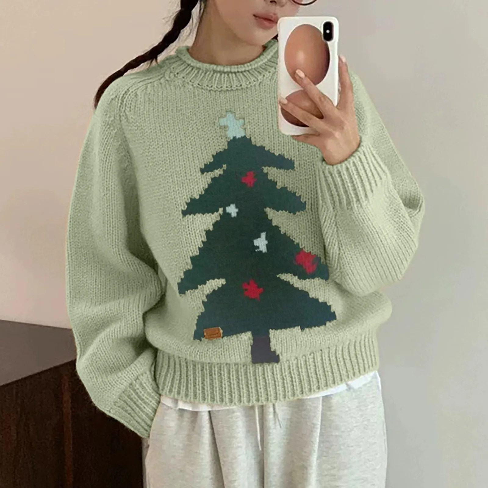 Christmas tree print collar knitted sweater for autumn and winter casual long sleeves with floral pattern loose young sweater top 241025