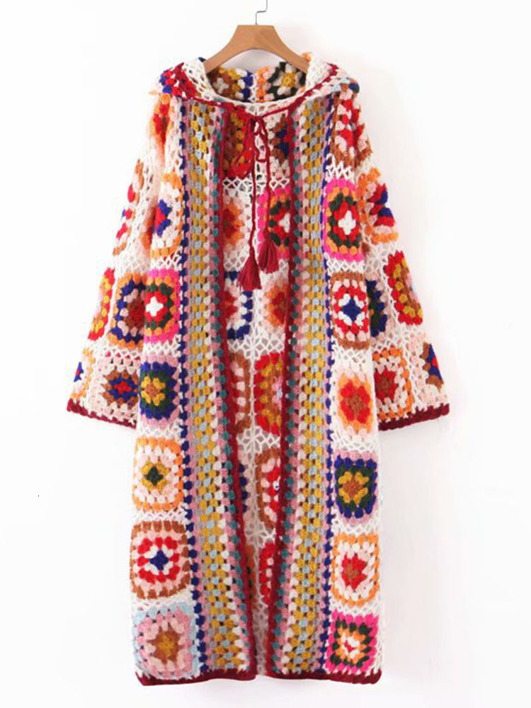 Gypsylady Vintage Handmade Kintted Multicolor Crochet Hooded Women Winter Cardigan Long Sweater Outerwear Coat