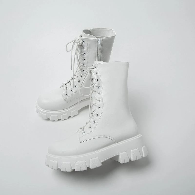 Mid Calf Boots Women Autumn Winter Fashion Lace-up Ladies Chelsea Zipper Botas Mujer Boots Sports Platform Heel Ladies Shoes 241025
