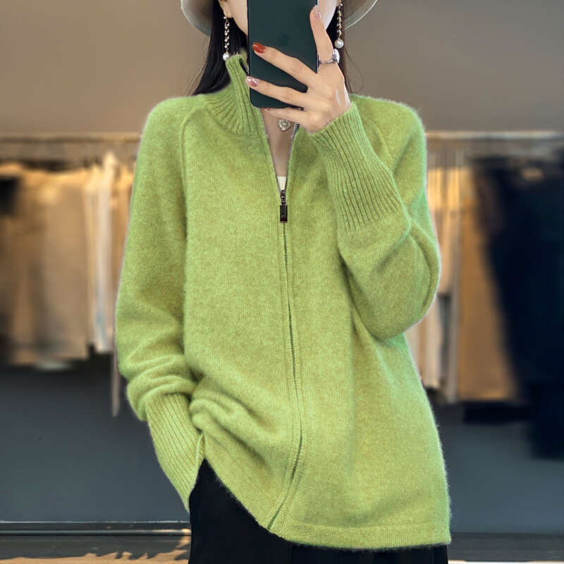 2024 New Chic Zipper Cardigan Spring Autumn Warm Long Sleeve 100% Merino Wool Fashion Knit Sweater Women Coat