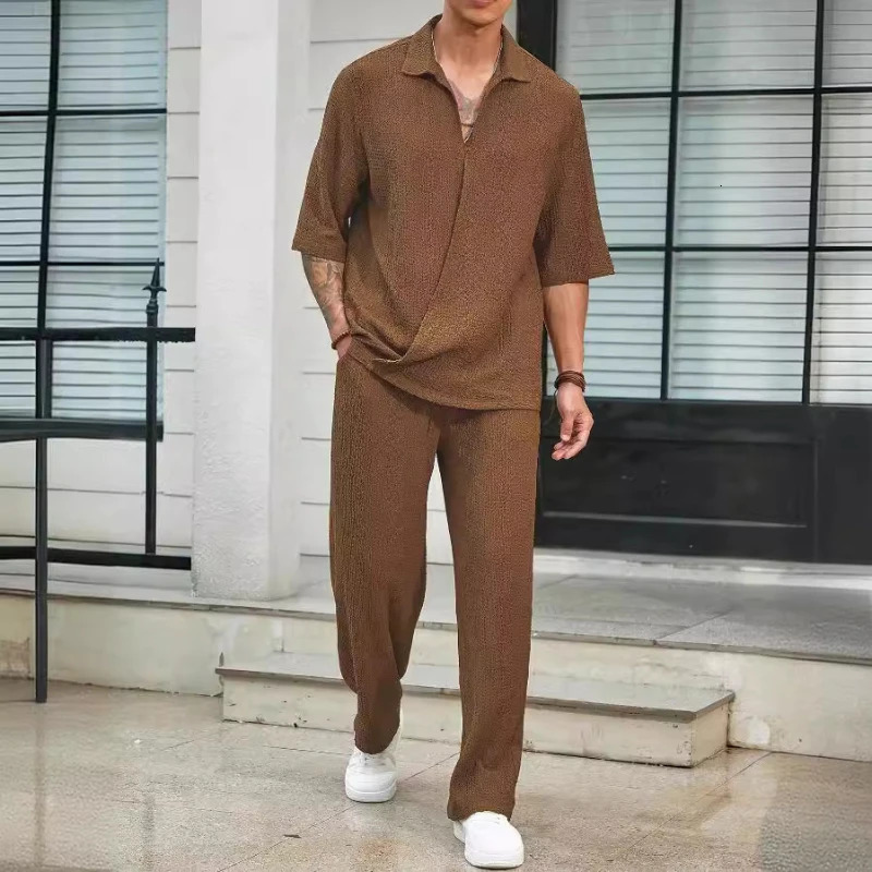 Prowow Mens Set Half Sleeved Shirt and Long Pants Twopiece Turndown Vneck Casual Streetwear Holiday Loose Suit s 241025