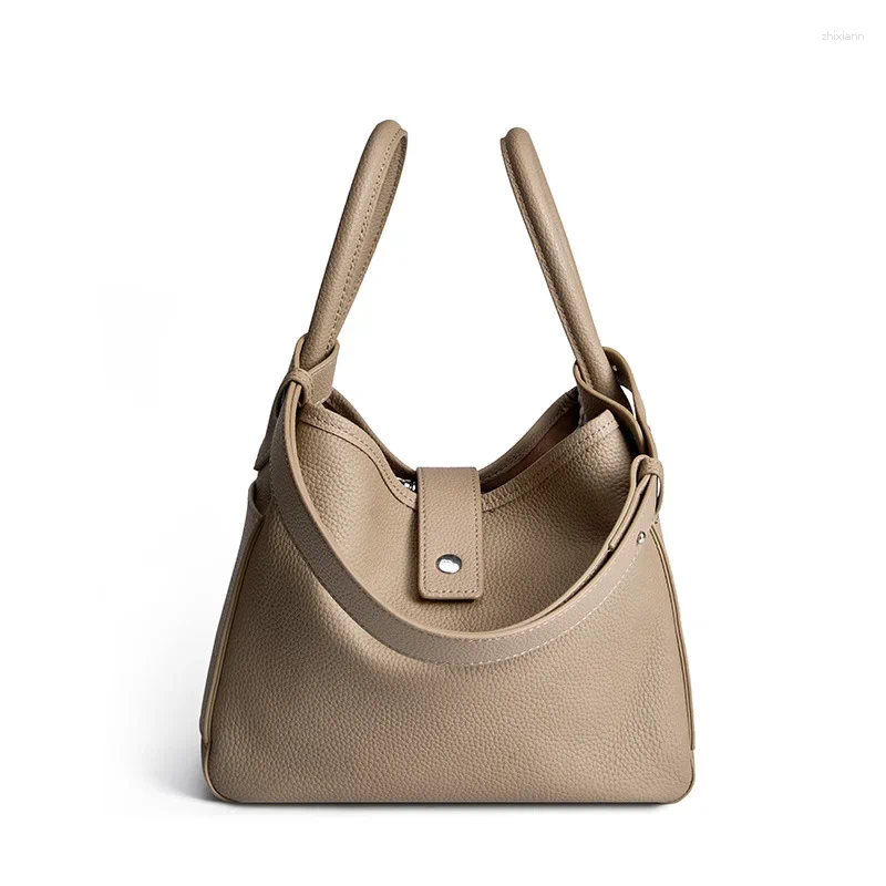 Drawstring Leather Handbag First Layer Cowhide Fashion Design Basket Shoulder Bag Temperament Soft Bucket