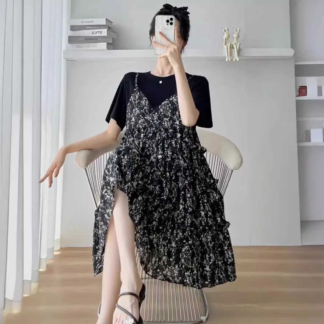 Pregnant womens clothing summer new floral L dress mini mens clothing splicing fashion mom loose large size small fresh summer dress thin W241026