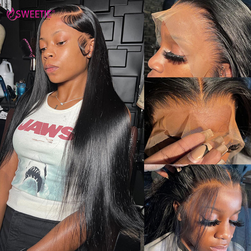 Peruvian 13x6 HD Lace Frontal Wig PrePlucked With Baby 180%Density Natural Black 34inch Straight Human Hair Wigs