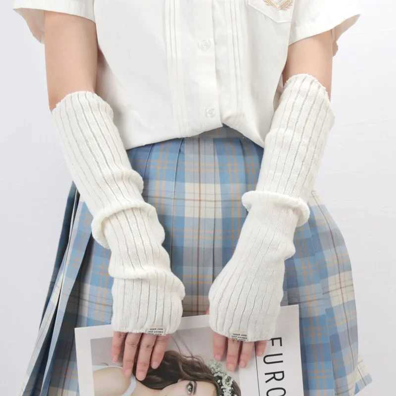 Womens Y2K Fashion Finger Gloves White Black Cosplay Anime Gs Winter Arm Warmth Gothic Harajuku Knitted Gloves Arm Sleeves W241026