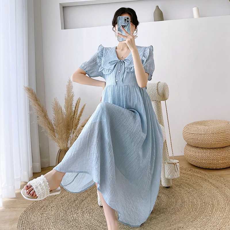 Cute pleated O-neck pregnant A-line dress 2024 summer Korean fashion elegant pregnant womens clothing W241026