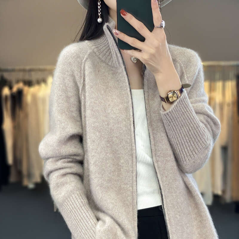 2024 New Chic Zipper Cardigan Spring Autumn Warm Long Sleeve 100% Merino Wool Fashion Knit Sweater Women Coat