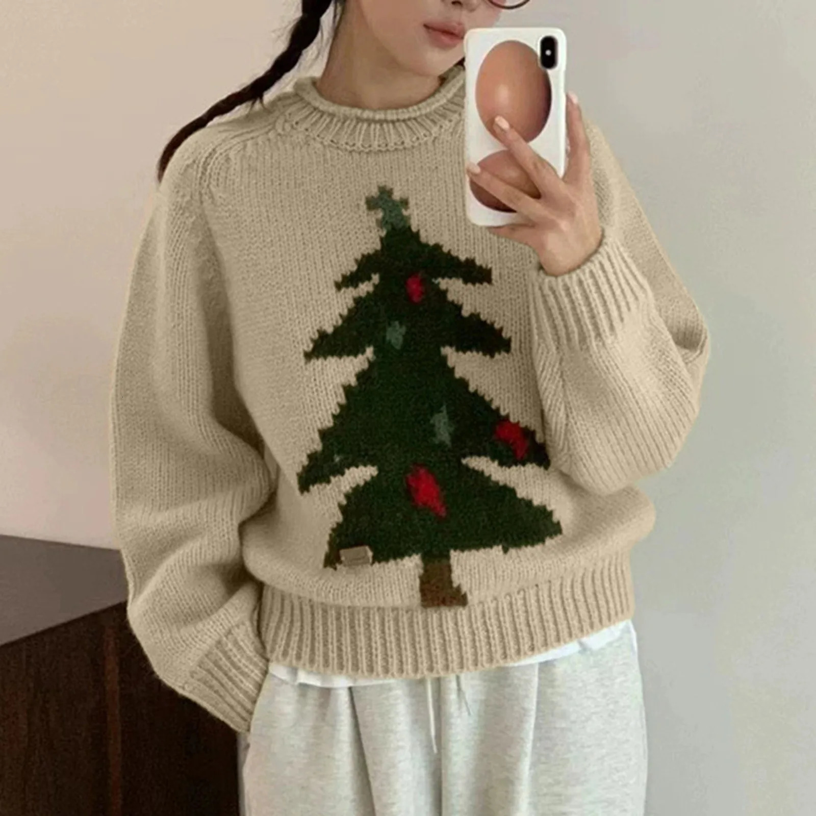 Christmas tree print collar knitted sweater for autumn and winter casual long sleeves with floral pattern loose young sweater top 241025