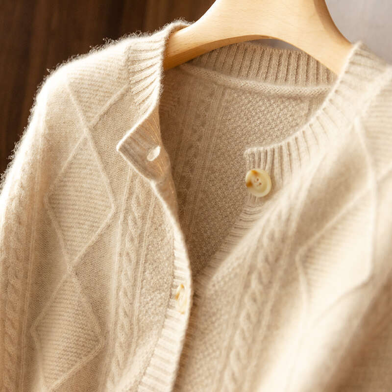 2021 Autumn/Winter New Cashmere Women's Round Neck Cardigan Sweater Coat Twist Loose Large Size Knit 100% Wool