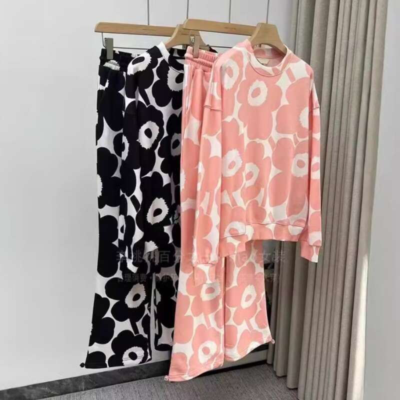 Suower Cotton Loose Round Neck Long Sleeved Sweatshirt For Women+Elastic High Waisted Casual Sweatpants Two-Piece Set