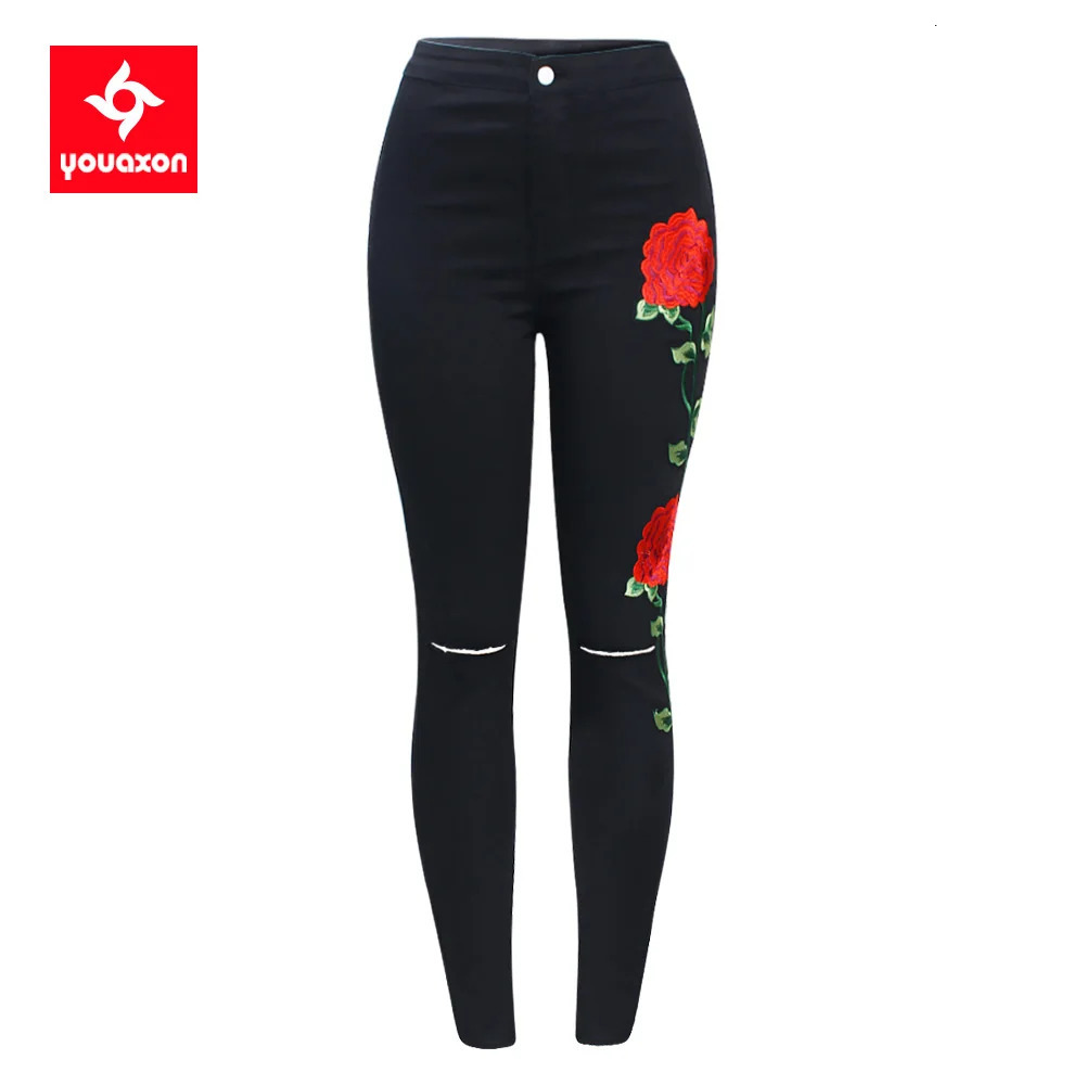 2102 Youaxon Black Embroidery Ripped Knees Jeans Women's High Waist Stretchy Denim Pants Skinny Pencil Woman 241025