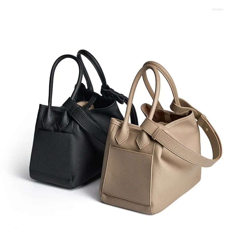 Drawstring Leather Handbag First Layer Cowhide Fashion Design Basket Shoulder Bag Temperament Soft Bucket