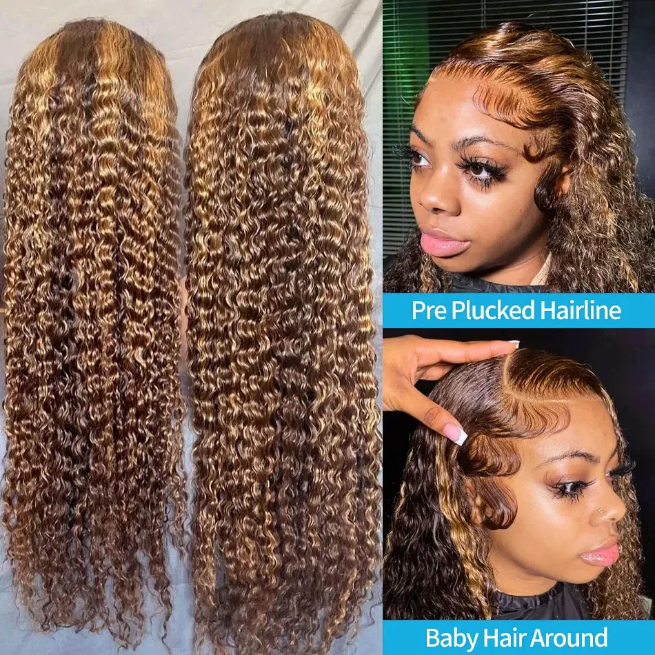 30 Inch Highlight Honey Brown Remy Curly Lace Front Human Hair 13x4 Ombre Colored Deep Water Wave Frontal Wigs For W Women