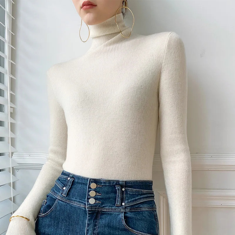 Women Sweater Winter Cashmere Turtleneck Warm Knitwear Korean Casual Solid Bottoming Shirt Fashion Knit Pullovers Brown 241025