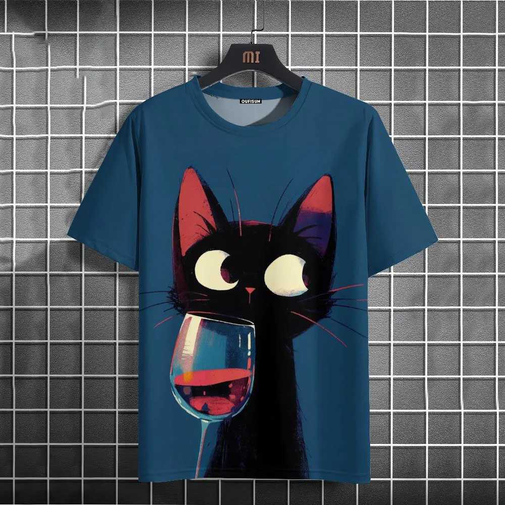 Mens casual T-shirt funny animal black cat short Slve T-shirt summer oversized T-shirt hip-hop sportswear mens clothing top W241026