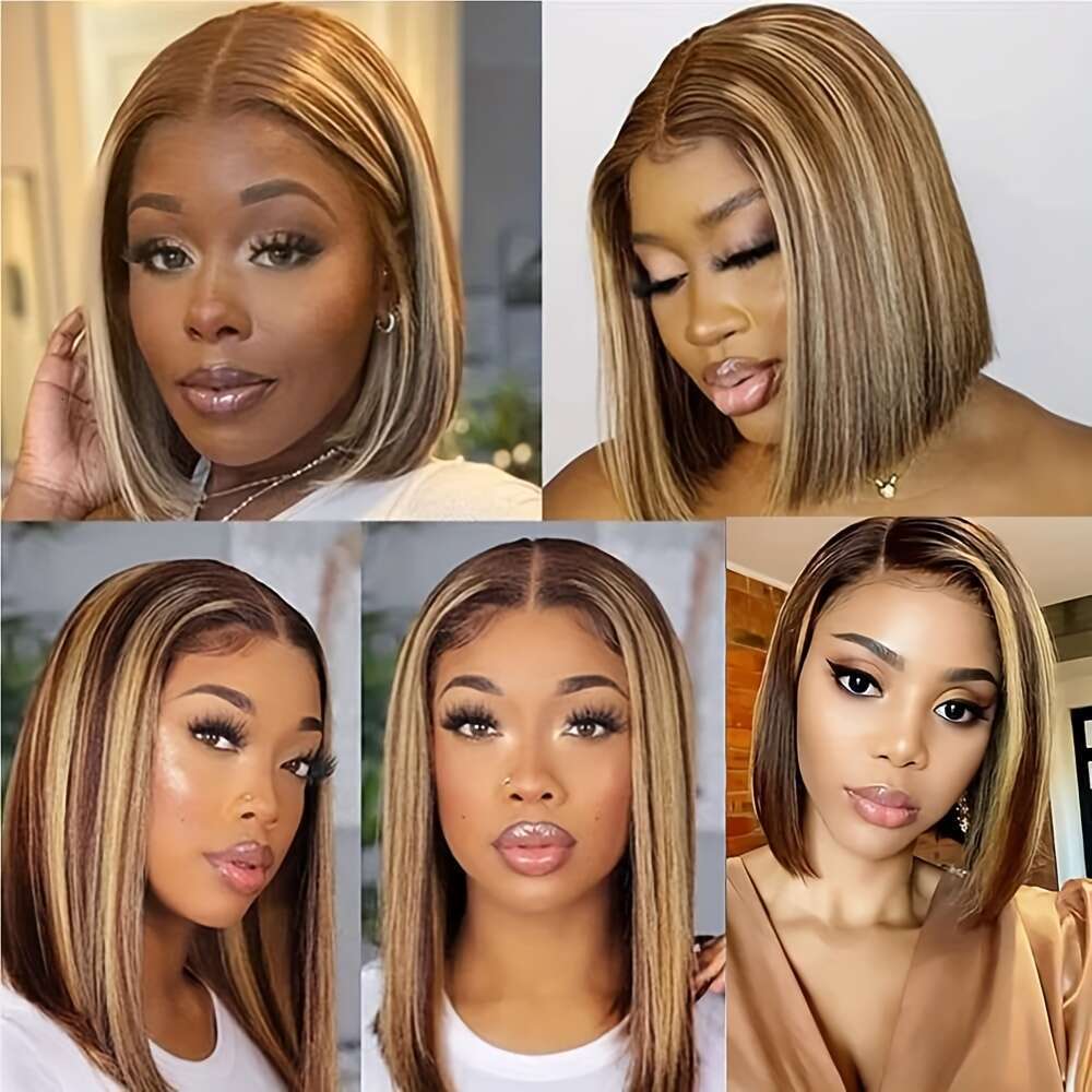 14 Inch Wear And Go Glueless Bob Human Hair Plucked Pre Cut P4/27 Highlight Blonde 6X4 Lace Closure Straight Wigs Short