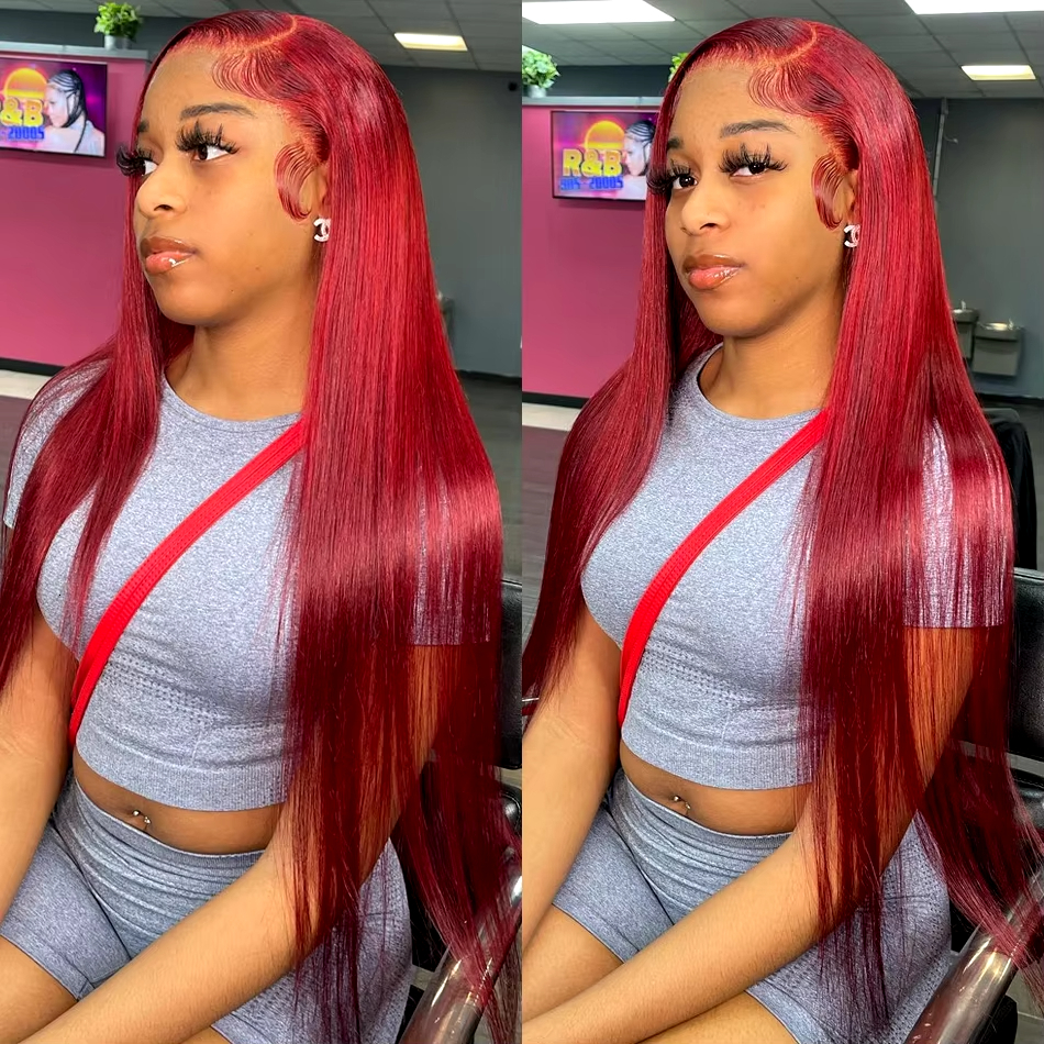 200 Density 99J Bury Red 13x6 Frontal 6x4 Glueless Straight Lace Front Wigs Human Hair
